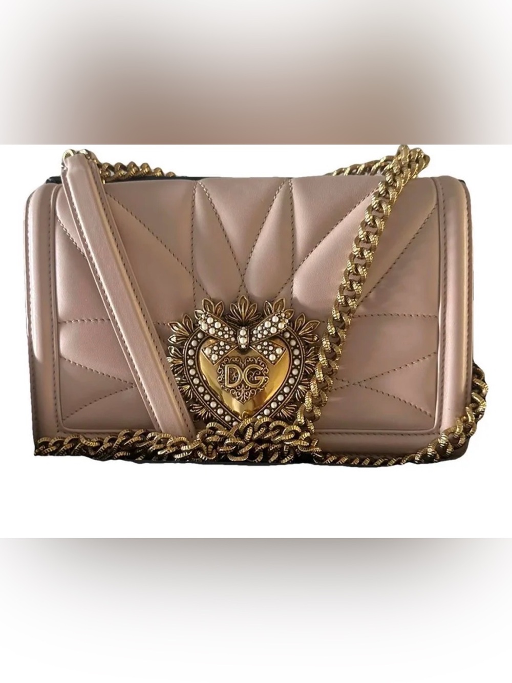 Dolce & Gabbana Blush Pink Quilted Leather Crossbody with Gold Heart Emblem